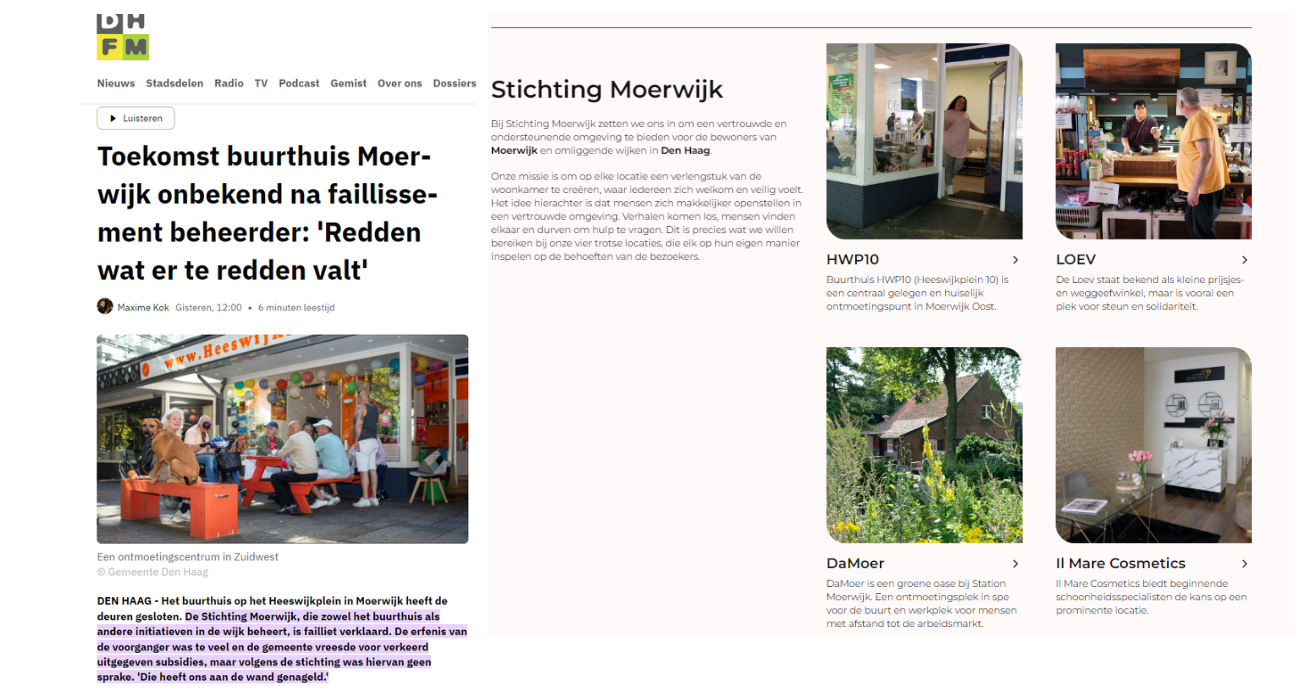 collage van website stichting moerwijk en artikel den haag fm